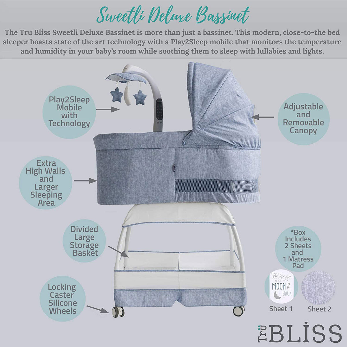 TruBliss Baby Sweetli Deluxe Bassinet Crib Sleeper with Mobile, Chambray Blue - VMInnovations