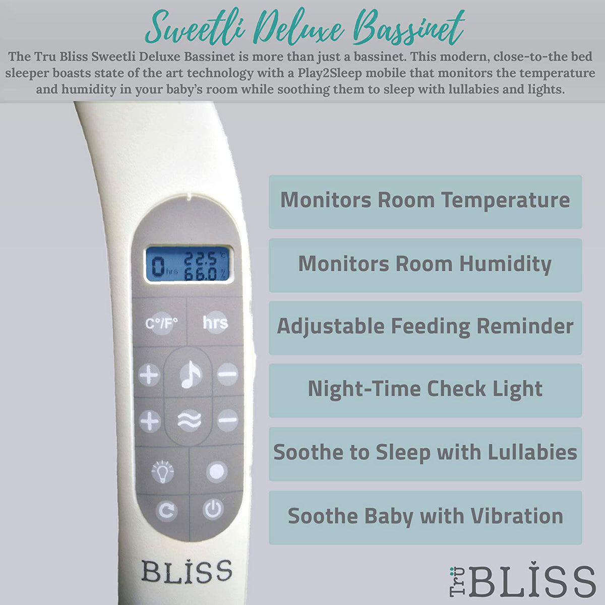TruBliss Baby Sweetli Deluxe Bassinet Crib Sleeper with Mobile, Chambray Blue - VMInnovations
