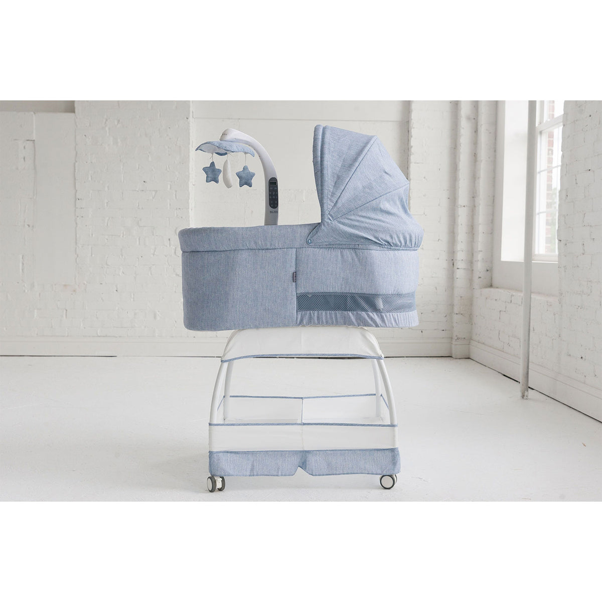 TruBliss Baby Sweetli Deluxe Bassinet Crib Sleeper with Mobile, Chambray Blue - VMInnovations