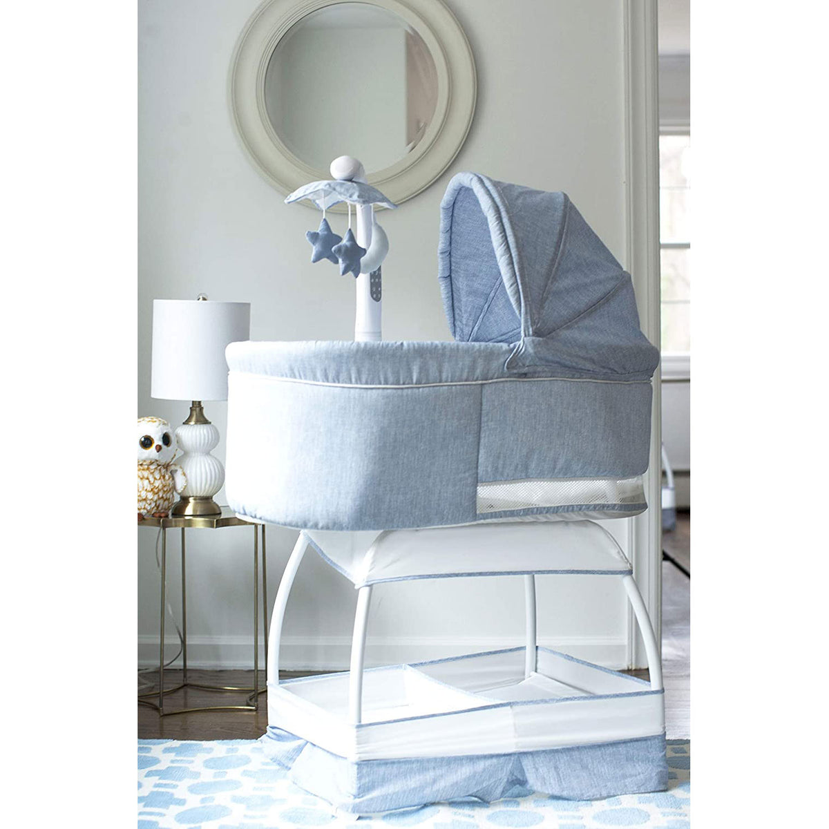 TruBliss Baby Sweetli Deluxe Bassinet Crib Sleeper with Mobile, Chambray Blue - VMInnovations