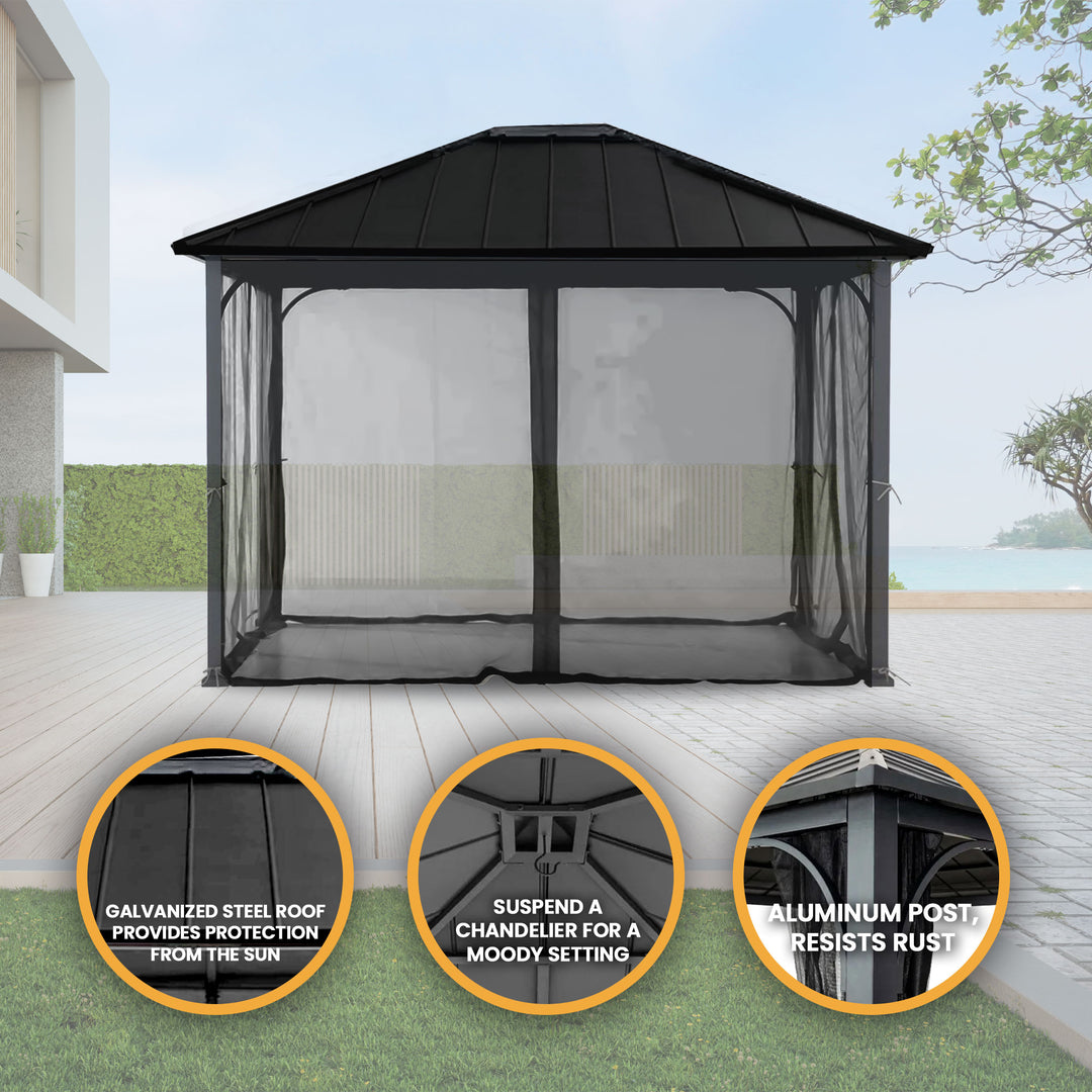 Sunjoy Hildreth 11 x 13 Foot Screened Gazebo Canopy Outdoor Pergola Tent, Black