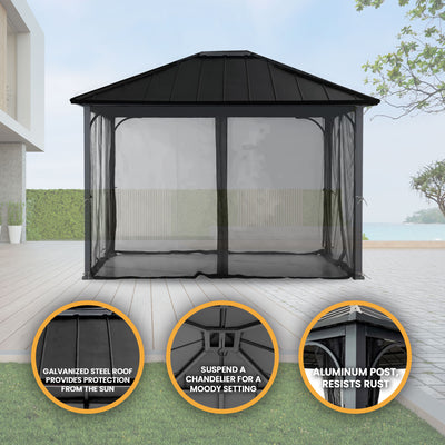 Sunjoy Hildreth 11 x 13 Foot Screened Gazebo Canopy Outdoor Pergola Tent, Black - VMInnovations
