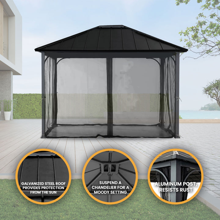 Sunjoy Hildreth 11 x 13 Foot Screened Gazebo Canopy, Black (Open Box)
