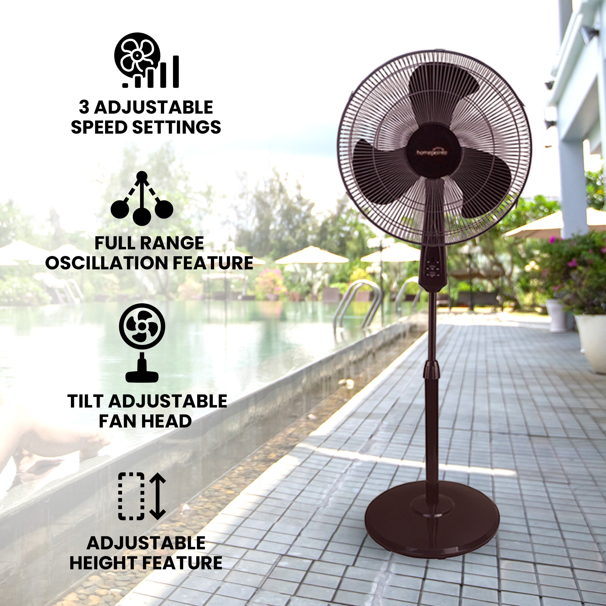 HomePointe 16-Inch 3 Speed Tilt Head Oscillating Pedestal Standing Fan, Black - VMInnovations