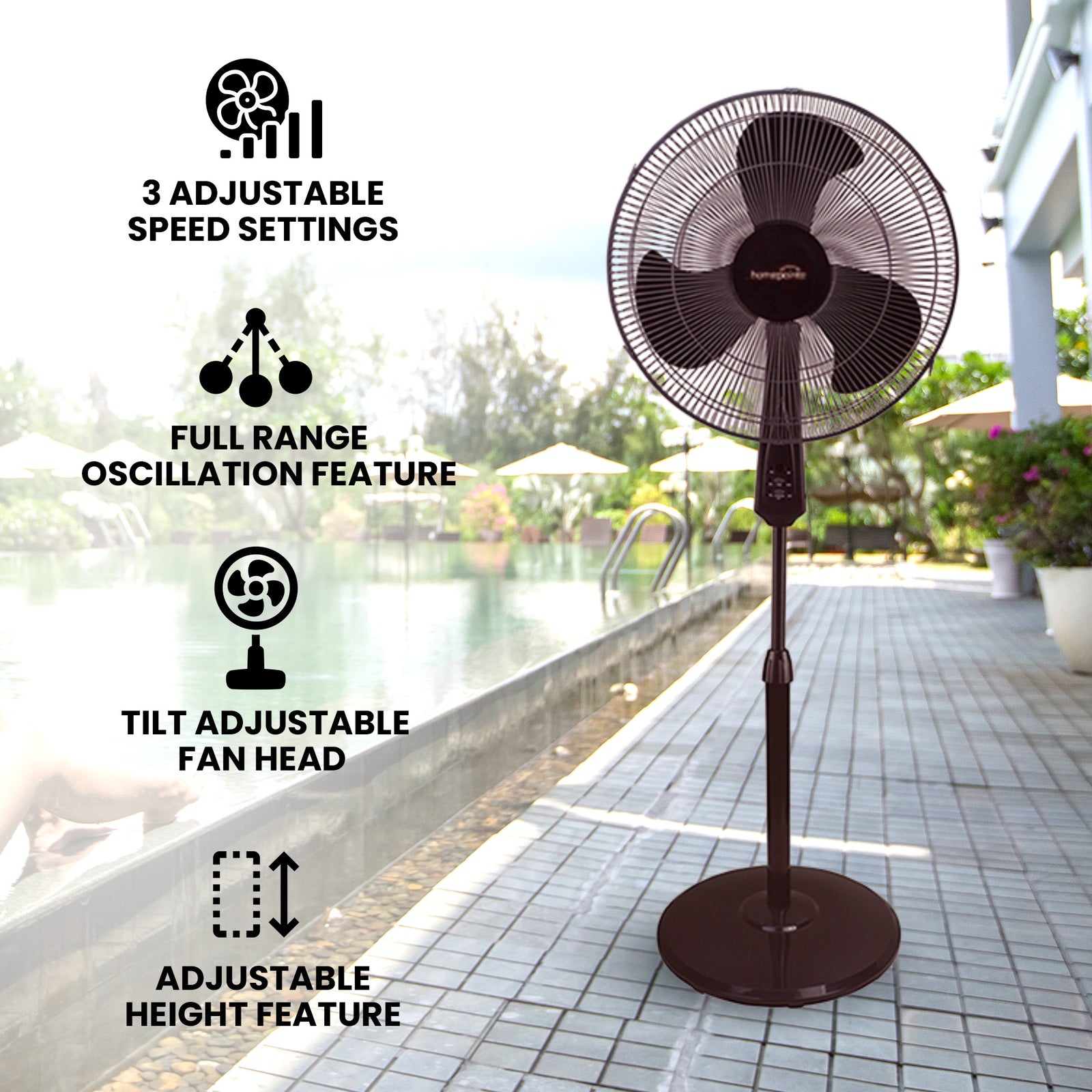 HomePointe 16-Inch 3 Speed Tilt Head Oscillating Standing Fan, Black (Open Box) - VMInnovations