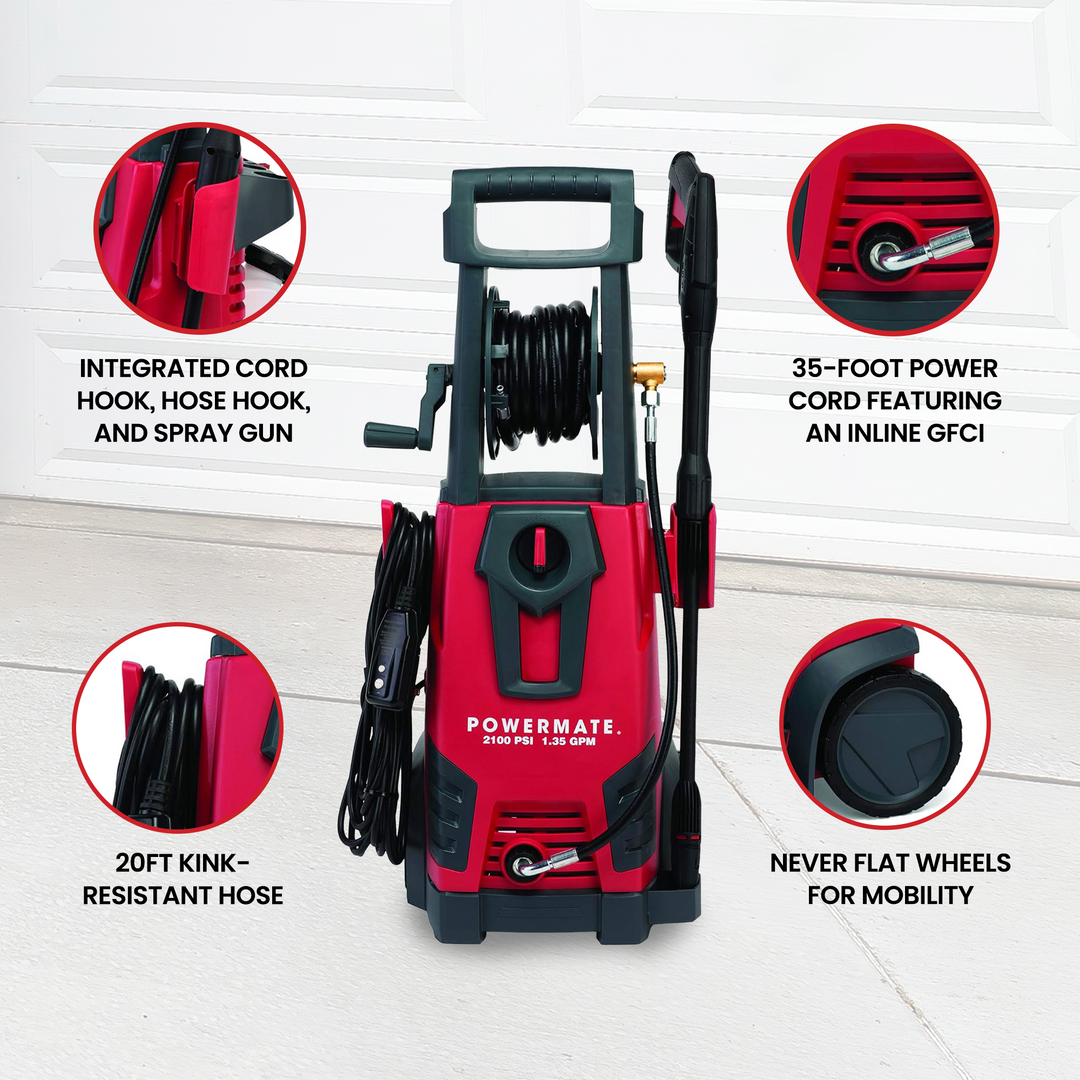 Powermate 2100 PSI Cold Water Electric Pressure Washer with Onboard Storage, Red - VMInnovations