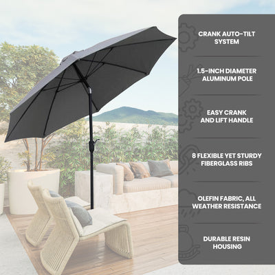 Four Seasons Courtyard 9ft Crank Lift Auto Tilt System Patio Umbrella,Gray(Used) - VMInnovations