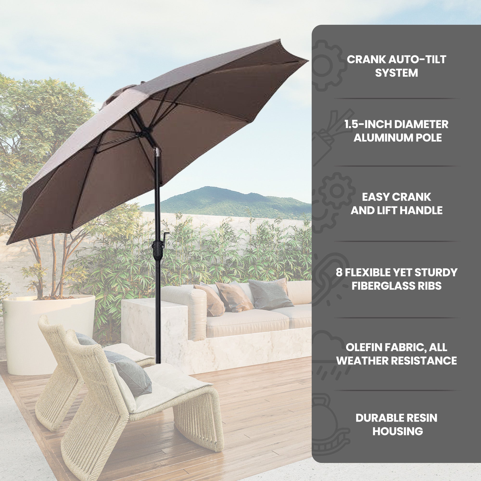 Four Seasons Courtyard 9ft Crank Lift Auto Tilt Patio Umbrella, Taupe (Used) - VMInnovations