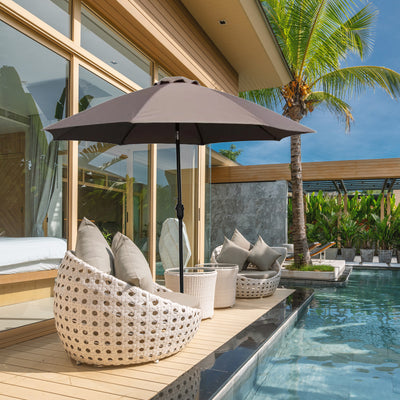 Four Seasons Courtyard 9ft Crank Lift Auto Tilt Patio Umbrella, Taupe (Used) - VMInnovations