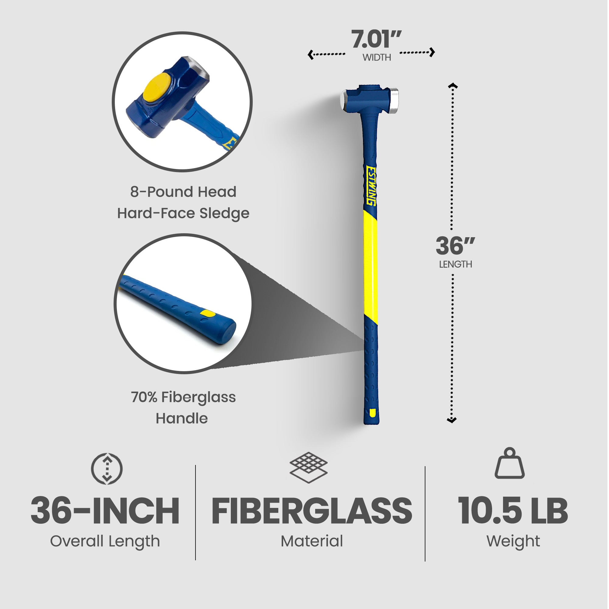 Estwing 8lb Head Hard Face Sledge Hammer w/36 Inch Fiberglass Handle (Open Box) - VMInnovations