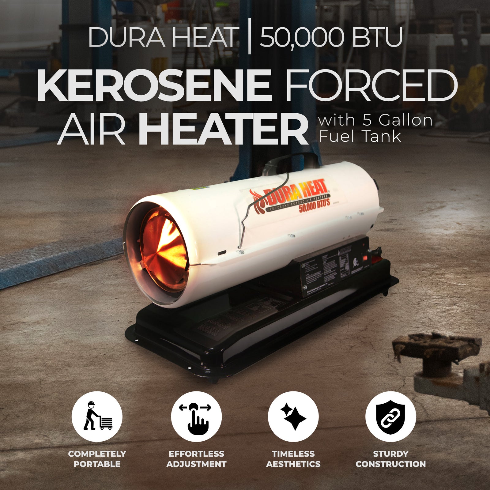Dura Heat 50,000 BTU Portable Kerosene Forced Air Heater with 5 Gallon Fuel Tank - VMInnovations