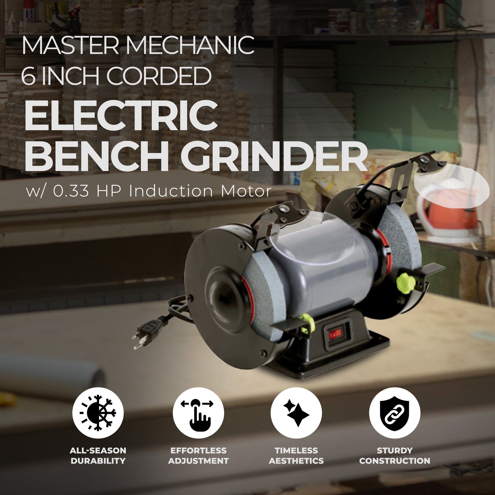 Master Mechanic Corded Electric 6 Inch Bench Grinder w/ 0.33 HP Induction Motor - VMInnovations
