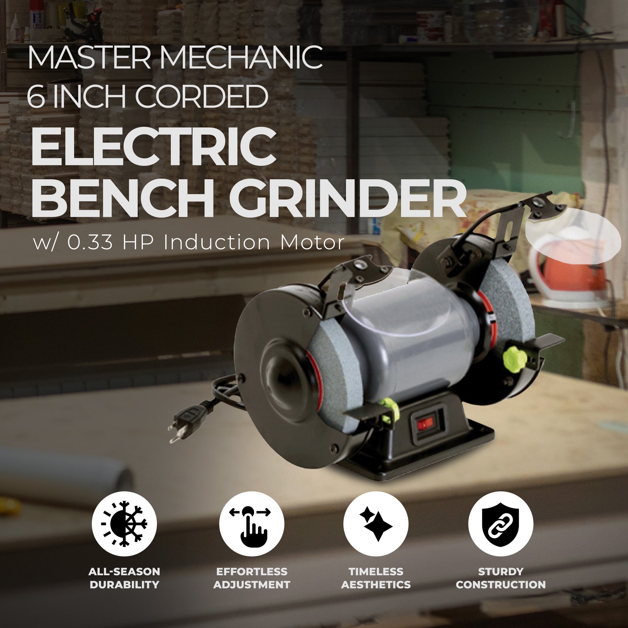 Master Mechanic Corded Electric 6 Inch Bench Grinder w/ 0.33 HP Induction Motor - VMInnovations