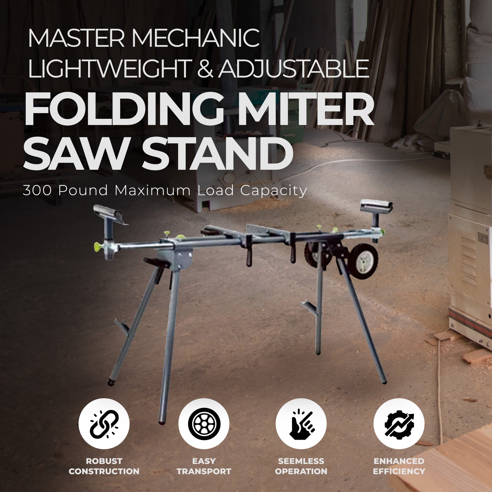 Master Mechanic Adjustable Folding Miter Saw Stand w/Wheels, Black (Open Box) - VMInnovations