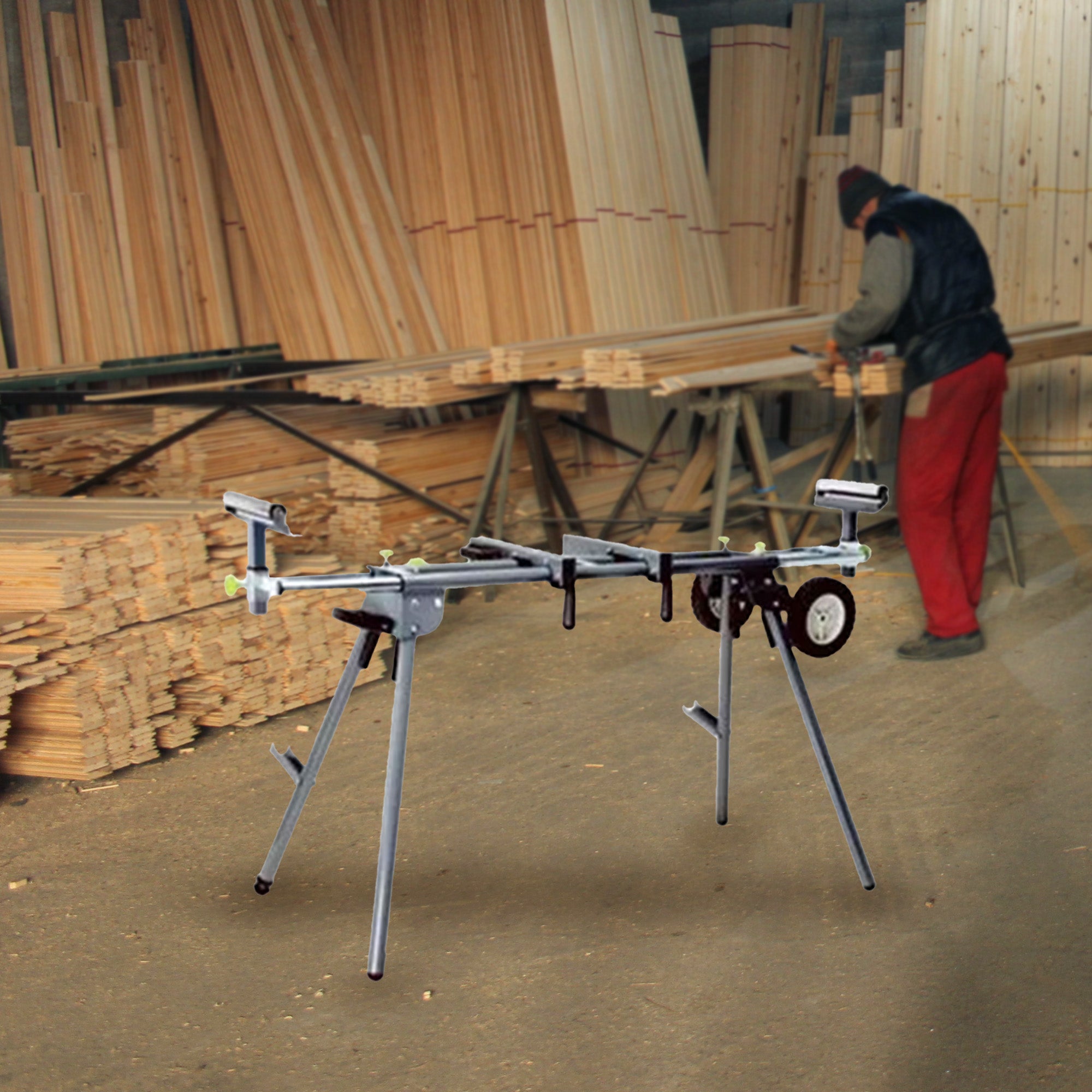 Master Mechanic Adjustable Folding Miter Saw Stand w/Wheels, Black (Open Box)