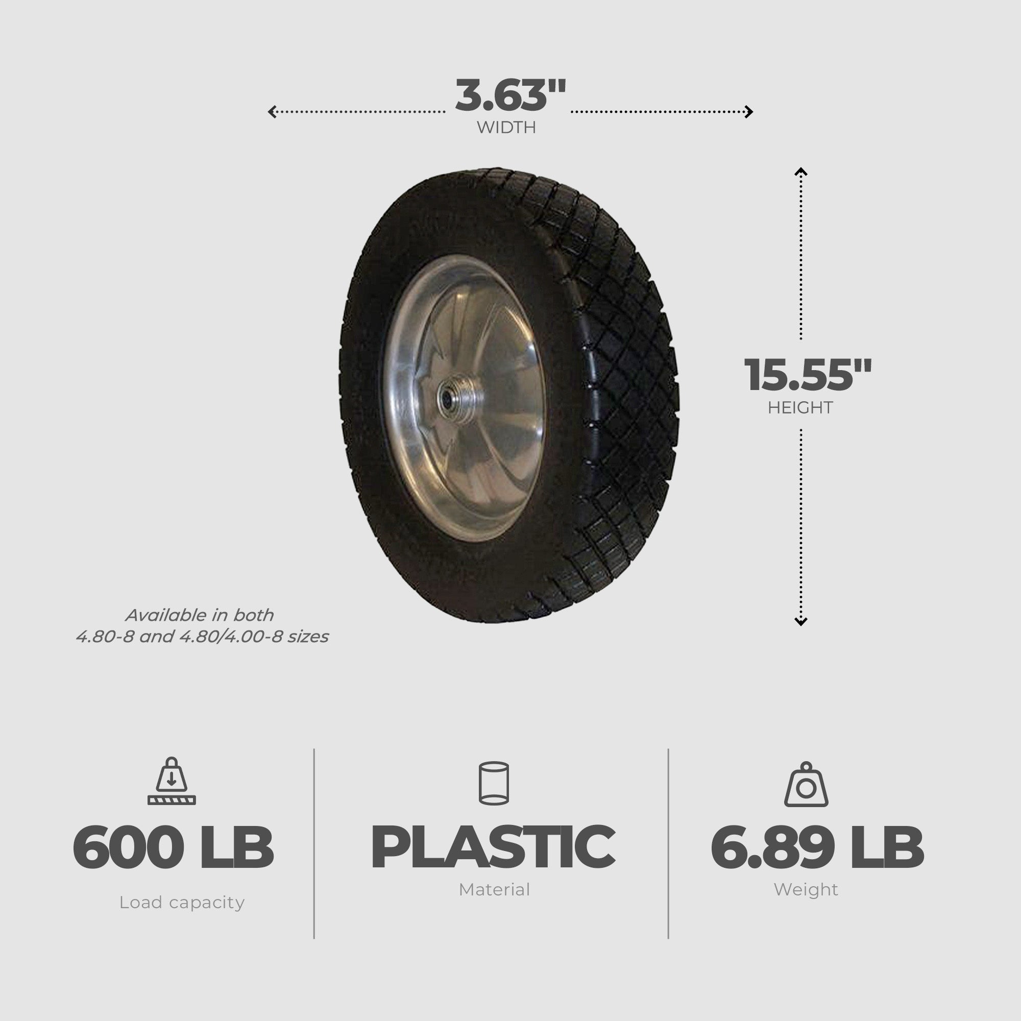 Marathon Tire 4.8 to 8 Flat Free Knobby Tread Wheelbarrow Tire w/ Wheel Assembly - VMInnovations