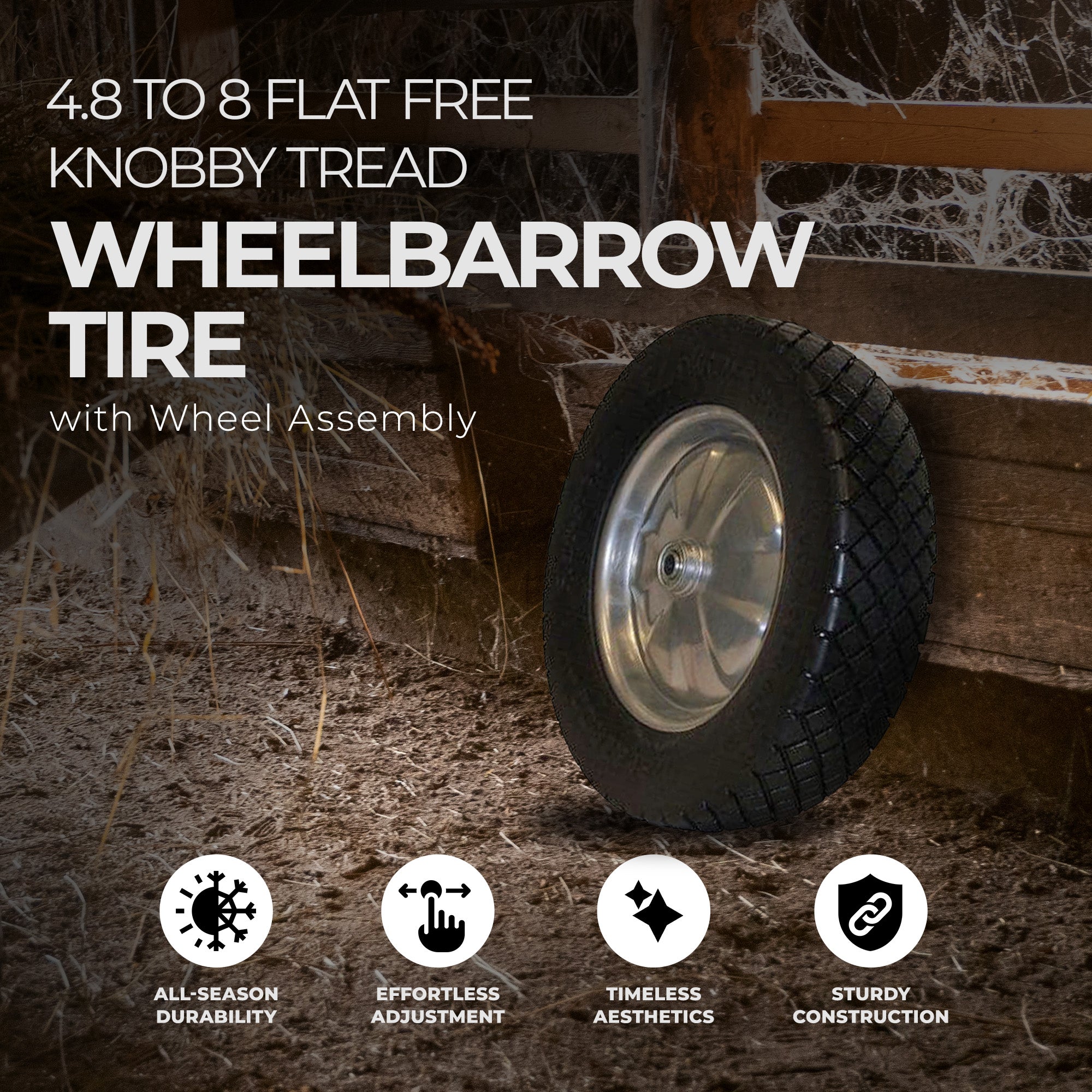 Marathon Tire 4.8 to 8 Flat Free Knobby Tread Wheelbarrow Tire w/ Wheel Assembly - VMInnovations