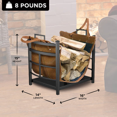 Panacea Mission Log Bin with Synthetic Leather and Alloy Steel Log Carrier Rack - VMInnovations