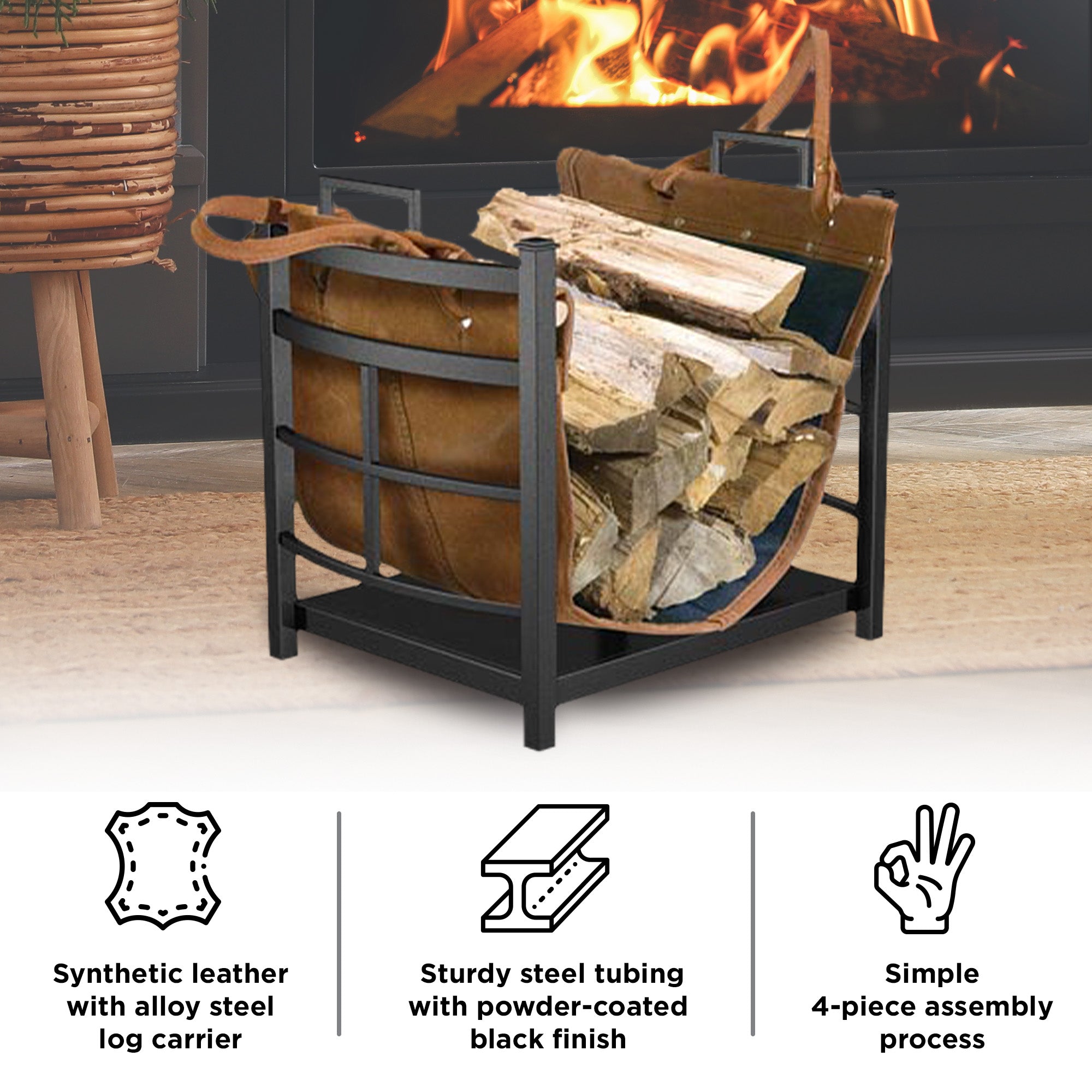 Panacea Mission Log Bin with Synthetic Leather and Alloy Steel Log Carrier Rack - VMInnovations