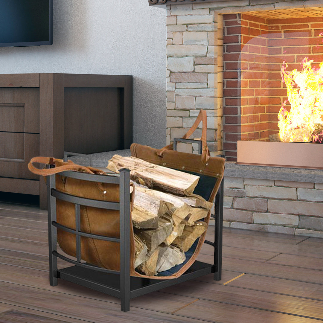 Panacea Mission Log Bin with Synthetic Leather and Alloy Steel Log Carrier Rack - VMInnovations