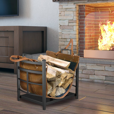 Panacea Mission Log Bin with Synthetic Leather and Alloy Steel Log Carrier Rack - VMInnovations