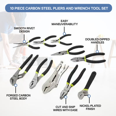 Master Mechanic 10 Piece Carbon Steel Pliers and Wrench Tool Set, JK2019002 - VMInnovations
