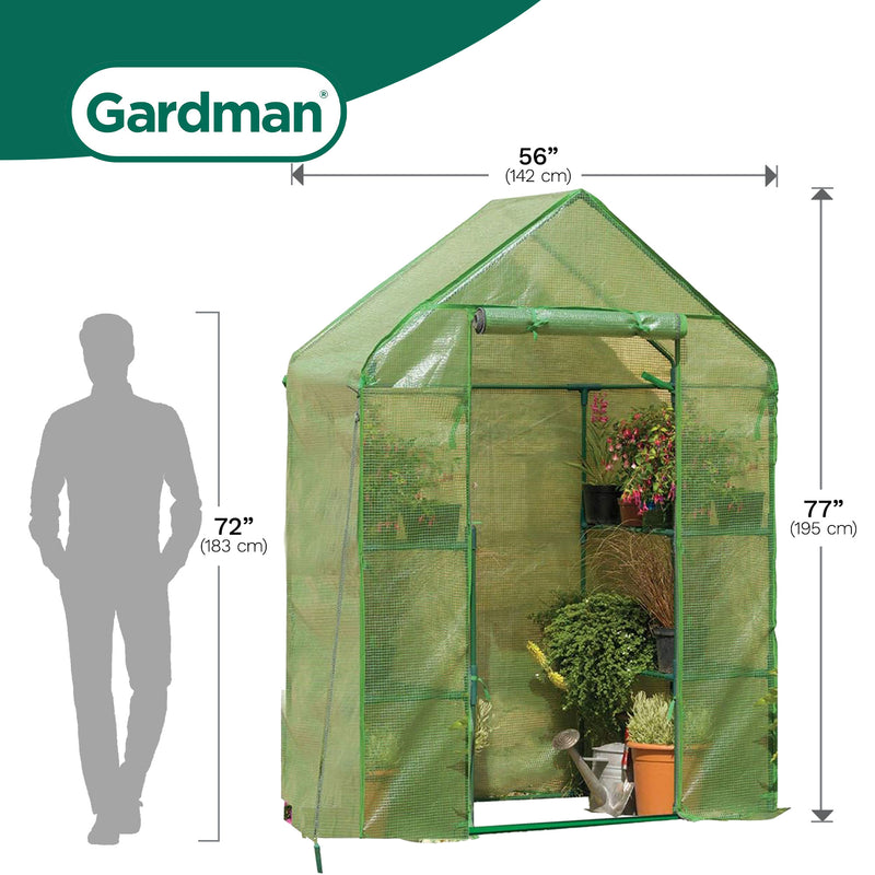 Gardman Walk In Greenhouse with 2 Tier Shelving Unit and Zippered Door, Green