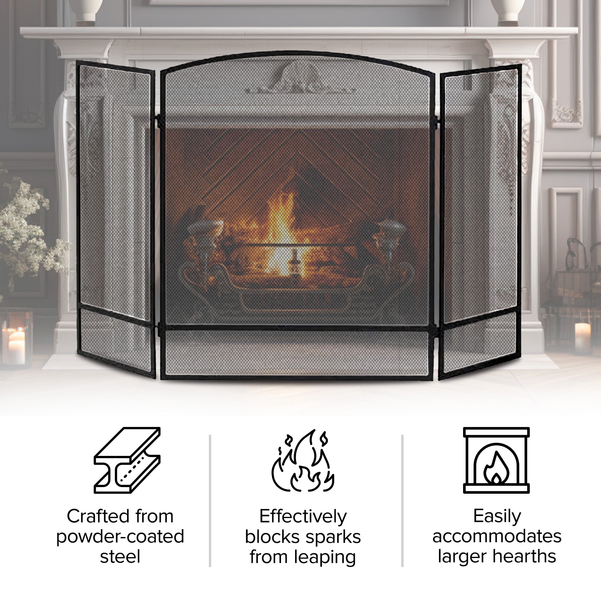 Panacea 30 by 48 Inch 3 Panel Matte Fireplace Screen with Arched Design, Black - VMInnovations