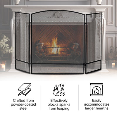 Panacea 30 by 48 Inch 3 Panel Matte Fireplace Screen with Arched Design, Black - VMInnovations
