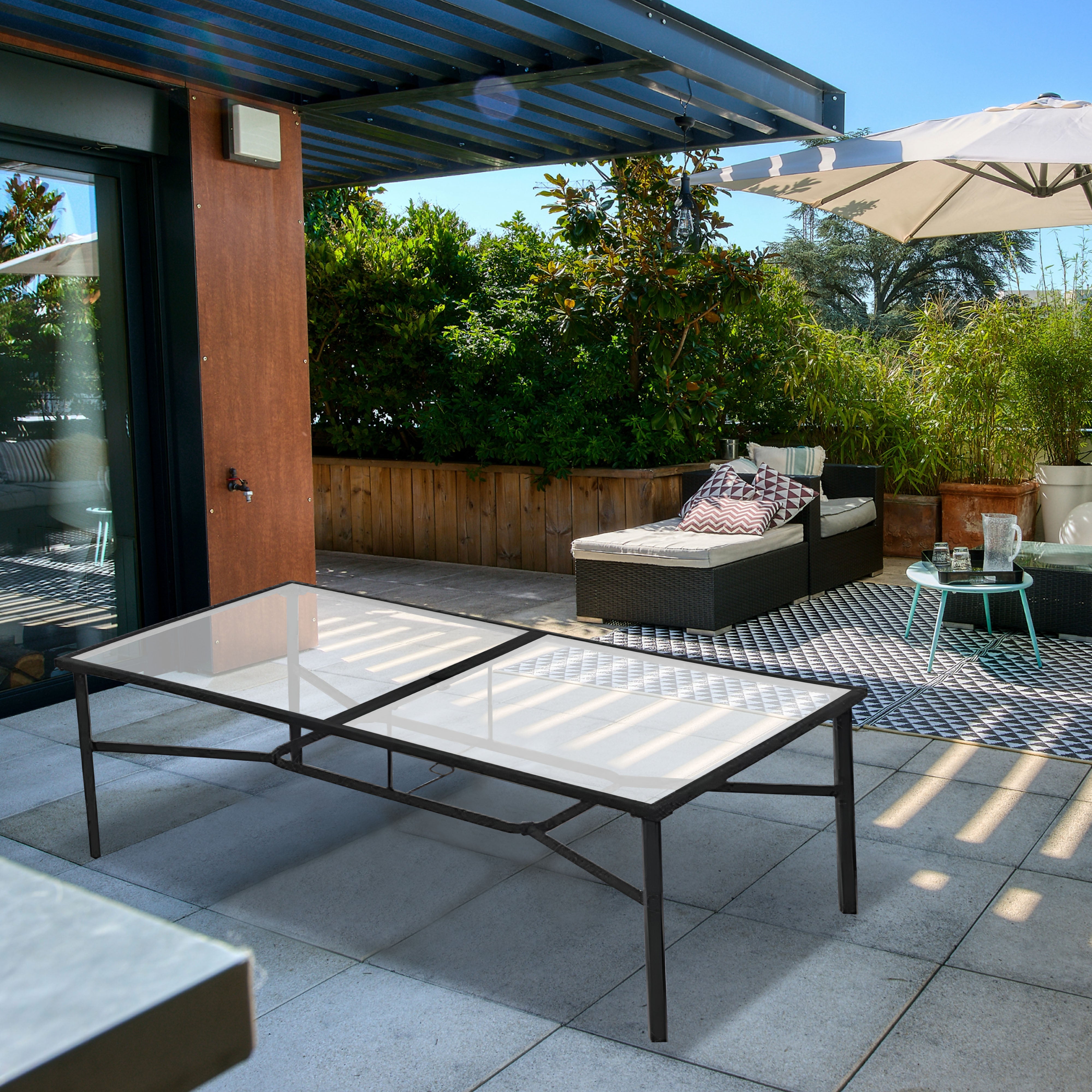 Four Seasons Courtyard Sunny Isles Tempered Glass Top Patio Dining Table, Black - VMInnovations