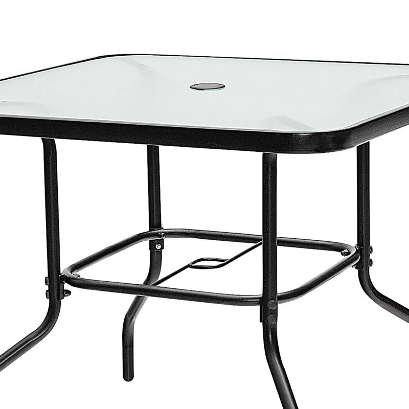 Four Seasons Courtyard Sunny Tempered Glass Top Patio Dining Table, Black (Used)