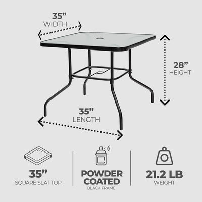 Four Seasons Courtyard Sunny Tempered Glass Top Patio Dining Table, Black (Used)