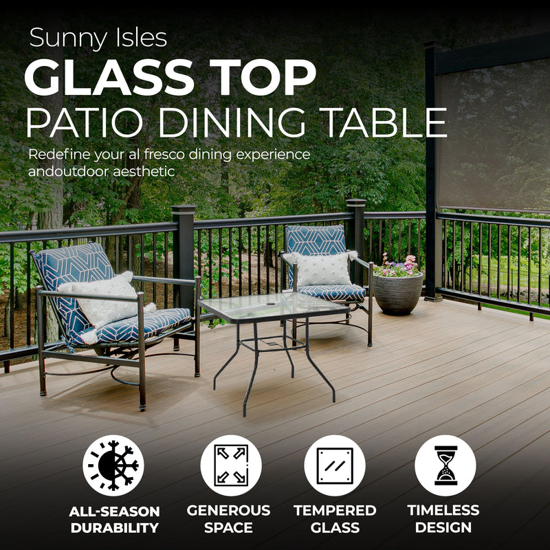 Four Seasons Courtyard Sunny Tempered Glass Top Patio Dining Table, Black (Used)