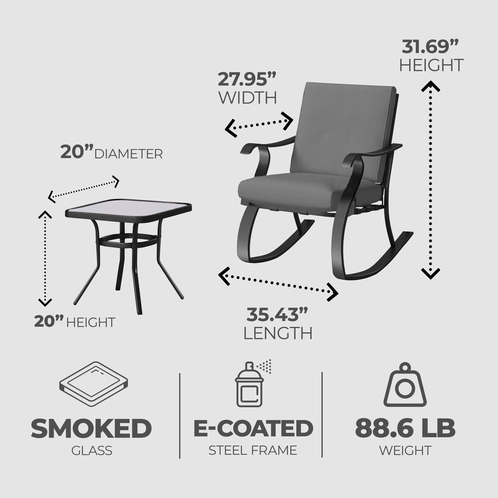 Four Seasons Courtyard Gramercy Sturdy Steel 3 Piece Rocking Bistro Set, Gray - VMInnovations