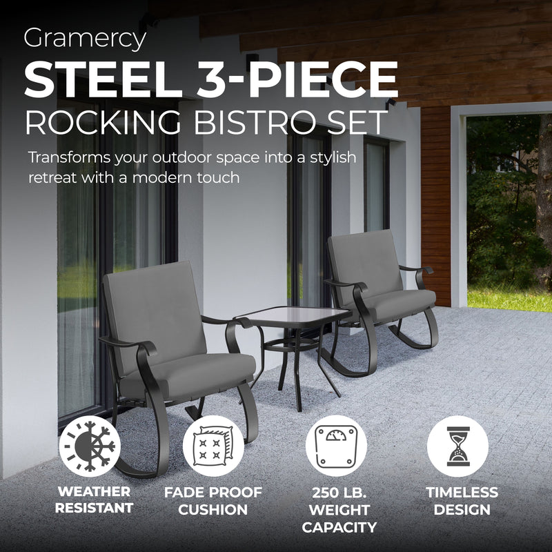 Four Seasons Courtyard Gramercy Sturdy Steel 3 Piece Rocking Bistro Set, Gray