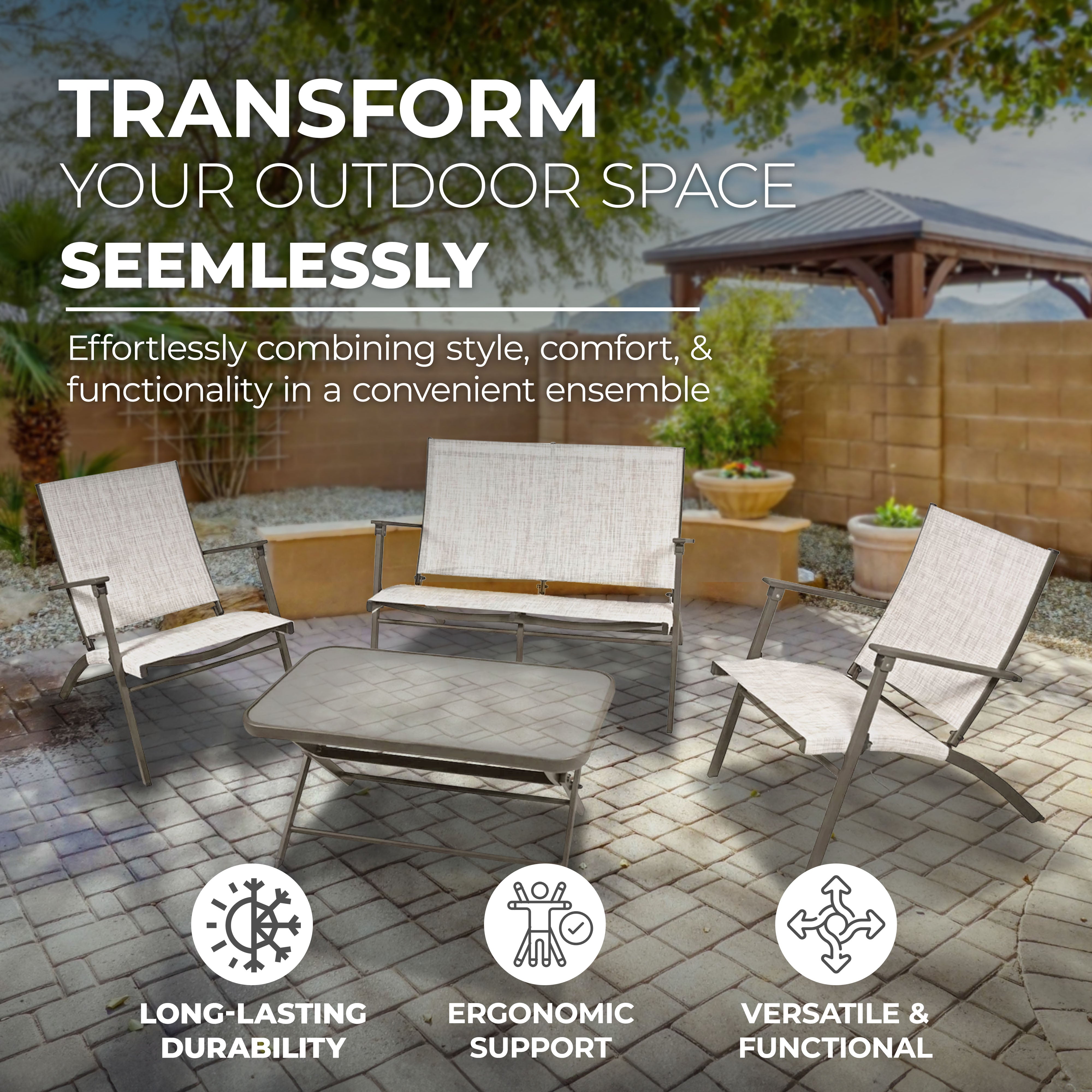 Four Seasons Courtyard Novara 4 PC Steel Folding Outdoor Conversation (Open Box)
