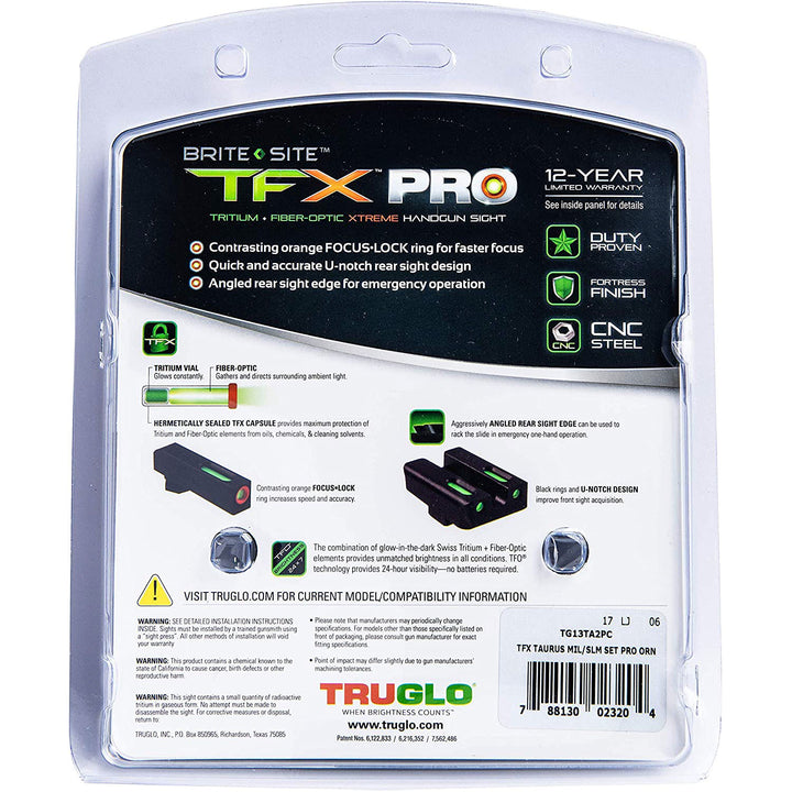 TruGlo Pro TFK Fiber Optic Tritium Handgun Glock Pistol Sight Accessory, Taurus