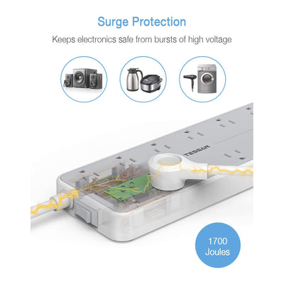 TESSAN Power Strip with Surge Protector, 12 AC Outlets, and 3 USB Ports