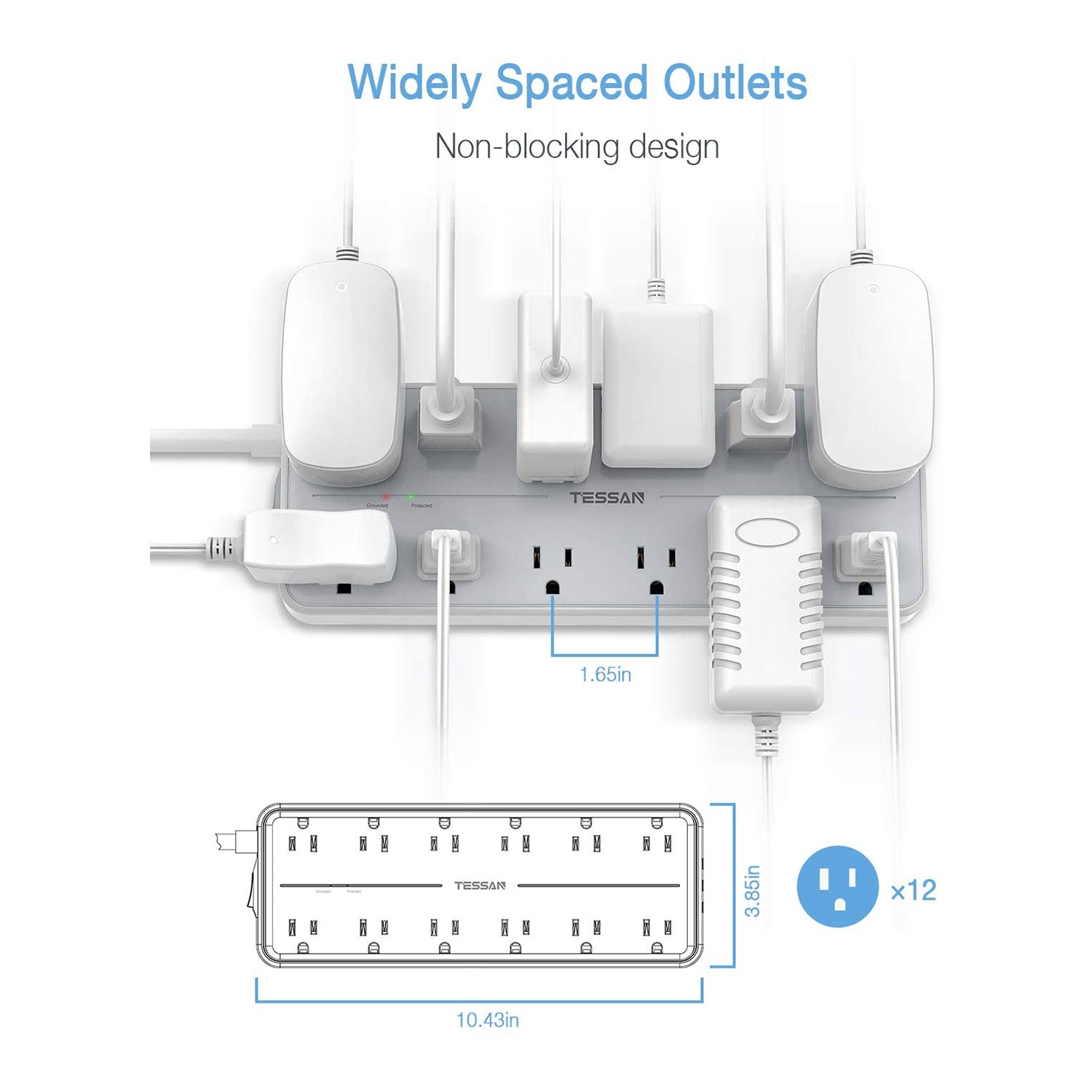 TESSAN Power Strip with Surge Protector, 12 AC Outlets, and 3 USB Ports