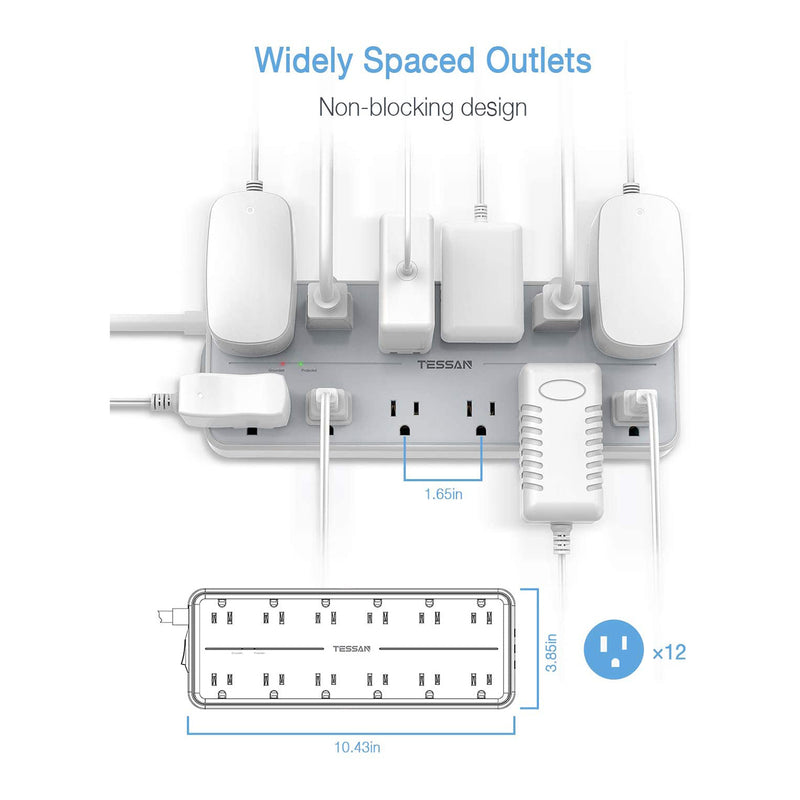 TESSAN Power Strip with Surge Protector, 12 AC Outlets, and 3 USB Ports