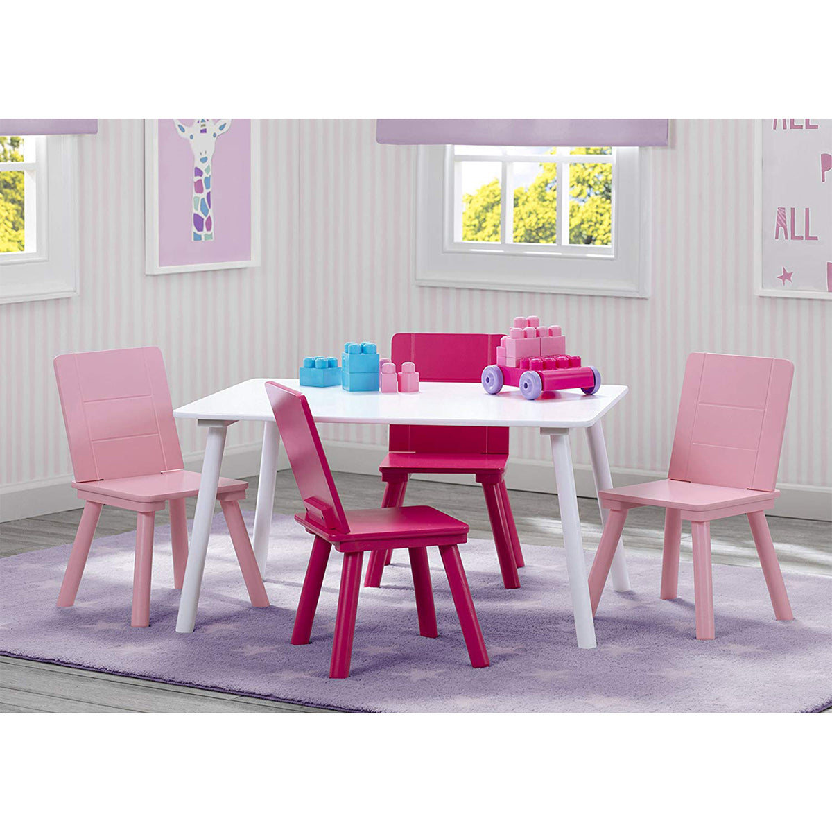 Delta Children Wooden Activity Table and 4 Chair Set, White & Pink (Open Box)