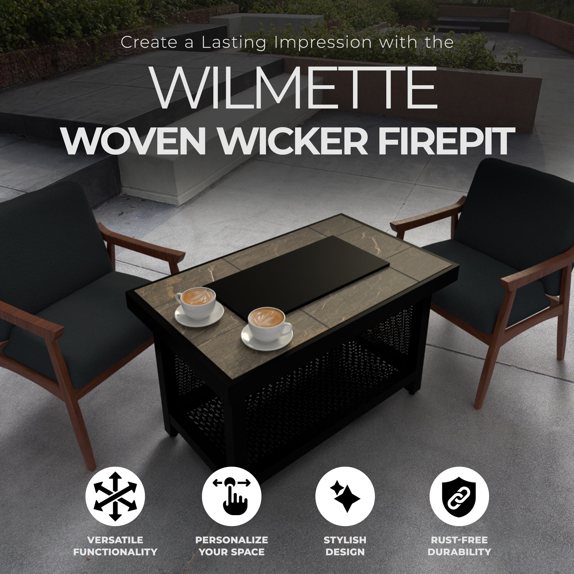 Four Seasons Courtyard Wilmette Firepit Woven Wicker with Grouted Stone Top - VMInnovations