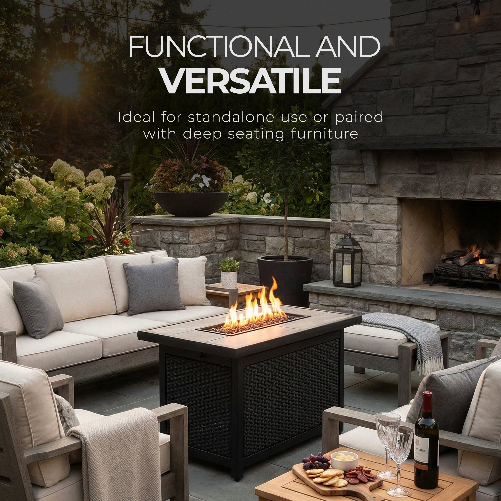 Four Seasons Courtyard Wilmette Firepit Woven Wicker with Grouted Stone Top - VMInnovations