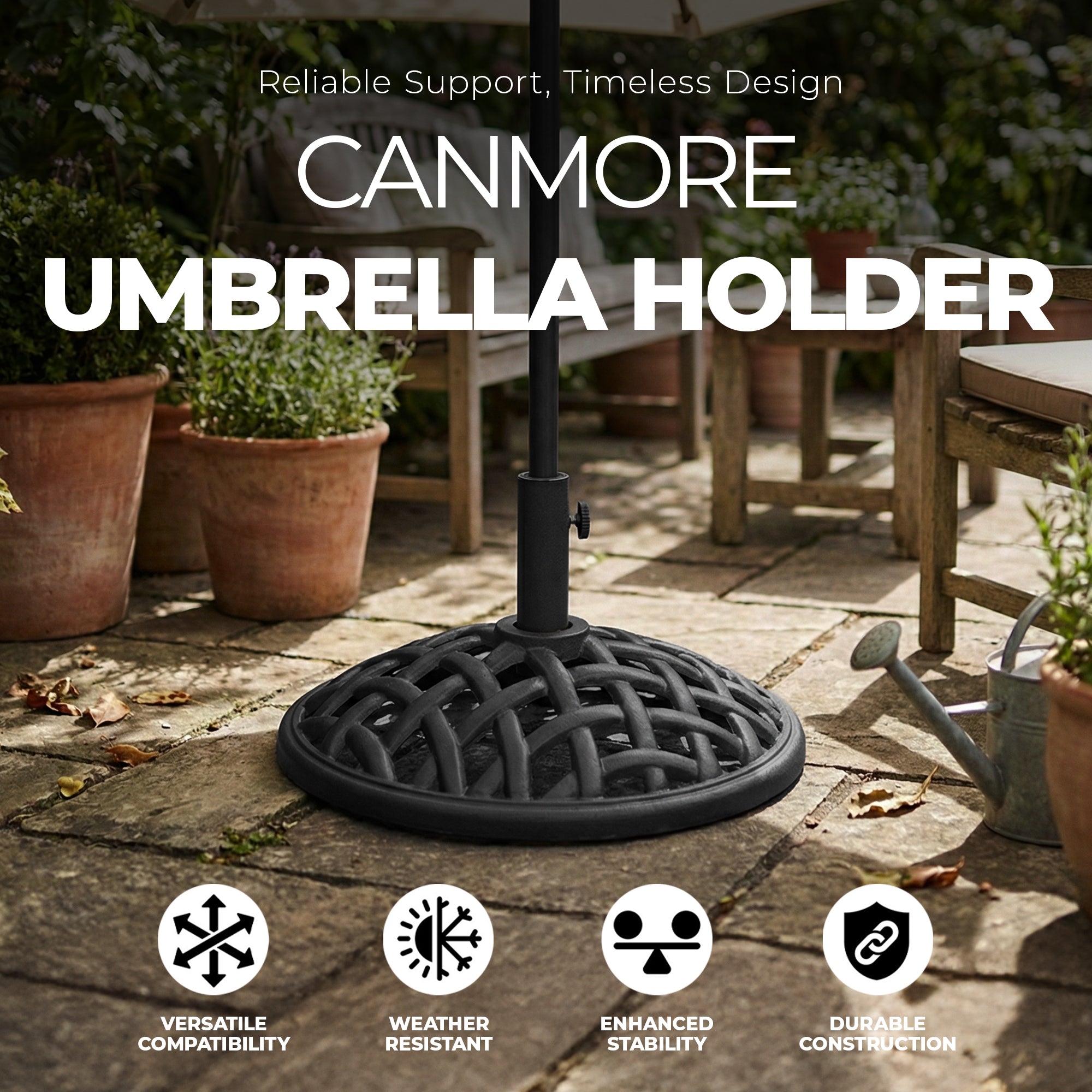 Four Seasons Courtyard Canmore 19 Inch Cast Iron Patio Umbrella Base, Black - VMInnovations