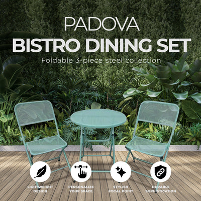 Four Seasons Courtyard Padova Foldable 3 Piece Steel Bistro Dining Set, Blue - VMInnovations