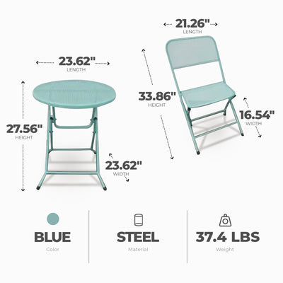 Four Seasons Courtyard Padova Foldable 3 Piece Steel Bistro Dining Set, Blue - VMInnovations