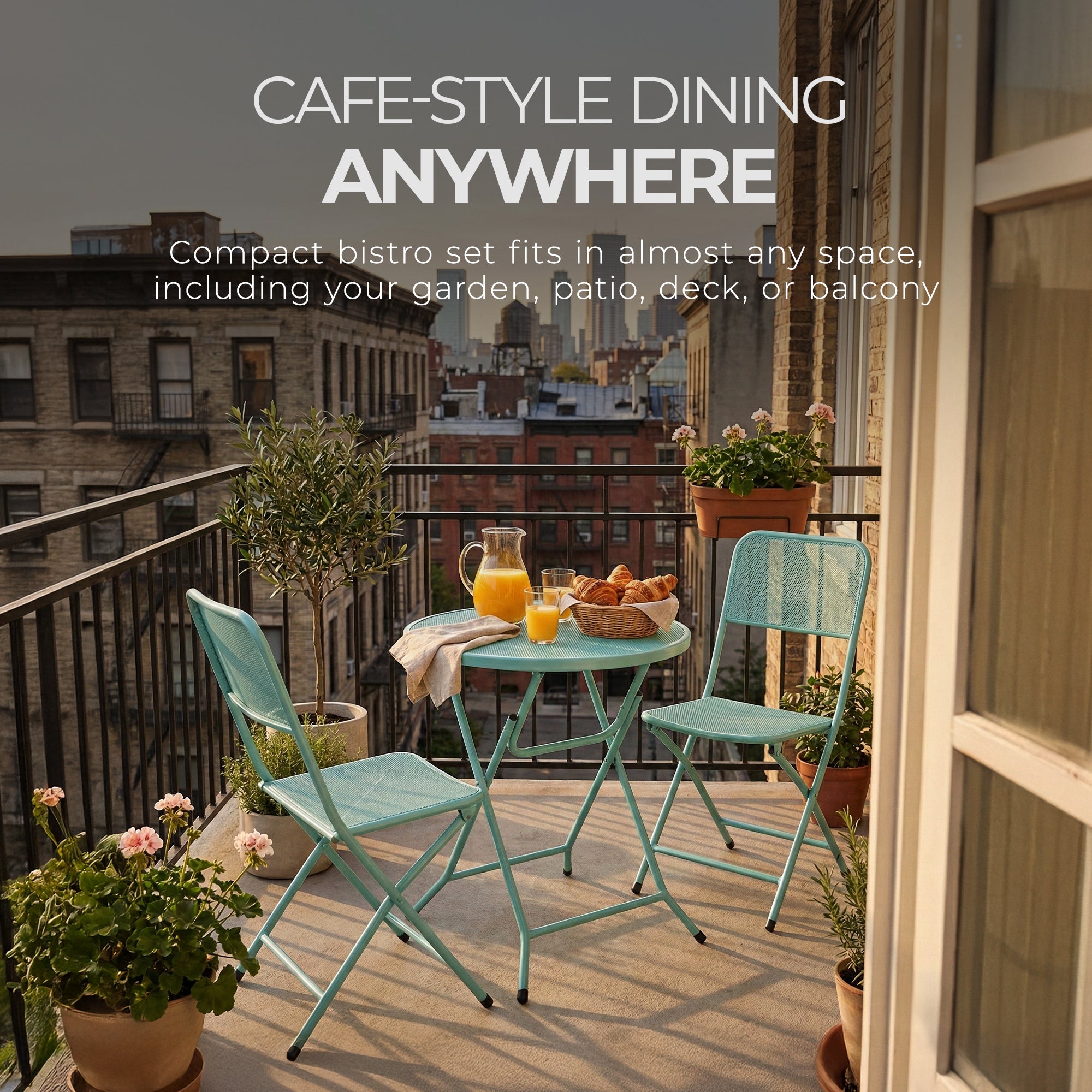 Four Seasons Courtyard Padova Foldable 3 Piece Steel Bistro Dining Set, Blue - VMInnovations