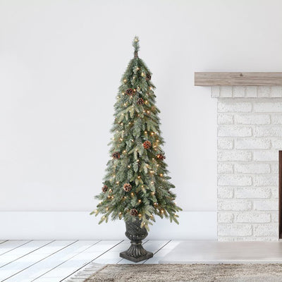 Home Heritage Entryway Pot Pine 5' Artificial Prelit Christmas Tree w/ Pinecones