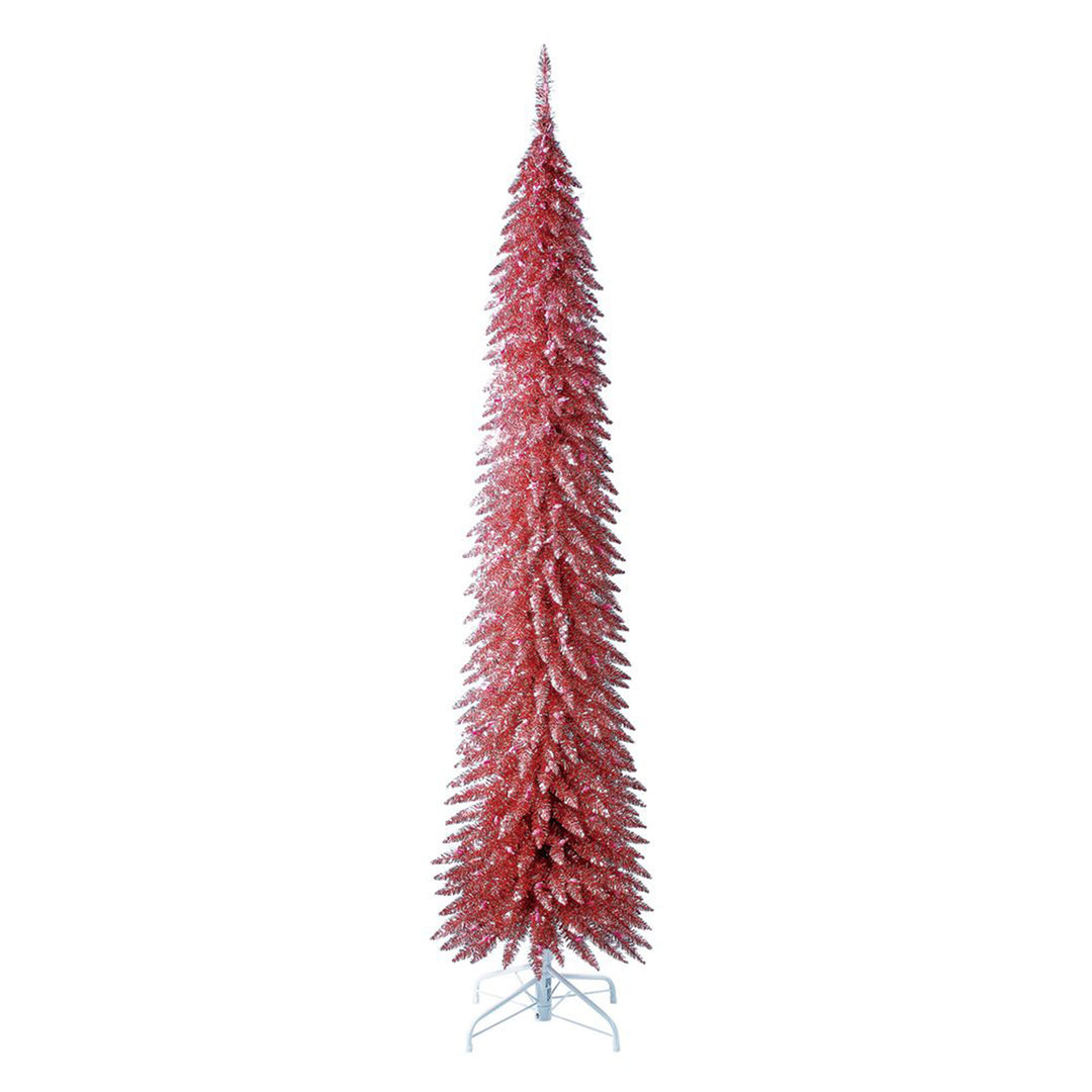 Home Heritage Tinsel 7' Pencil 150 LED Pre-Lit Artificial Christmas Tree, Pink