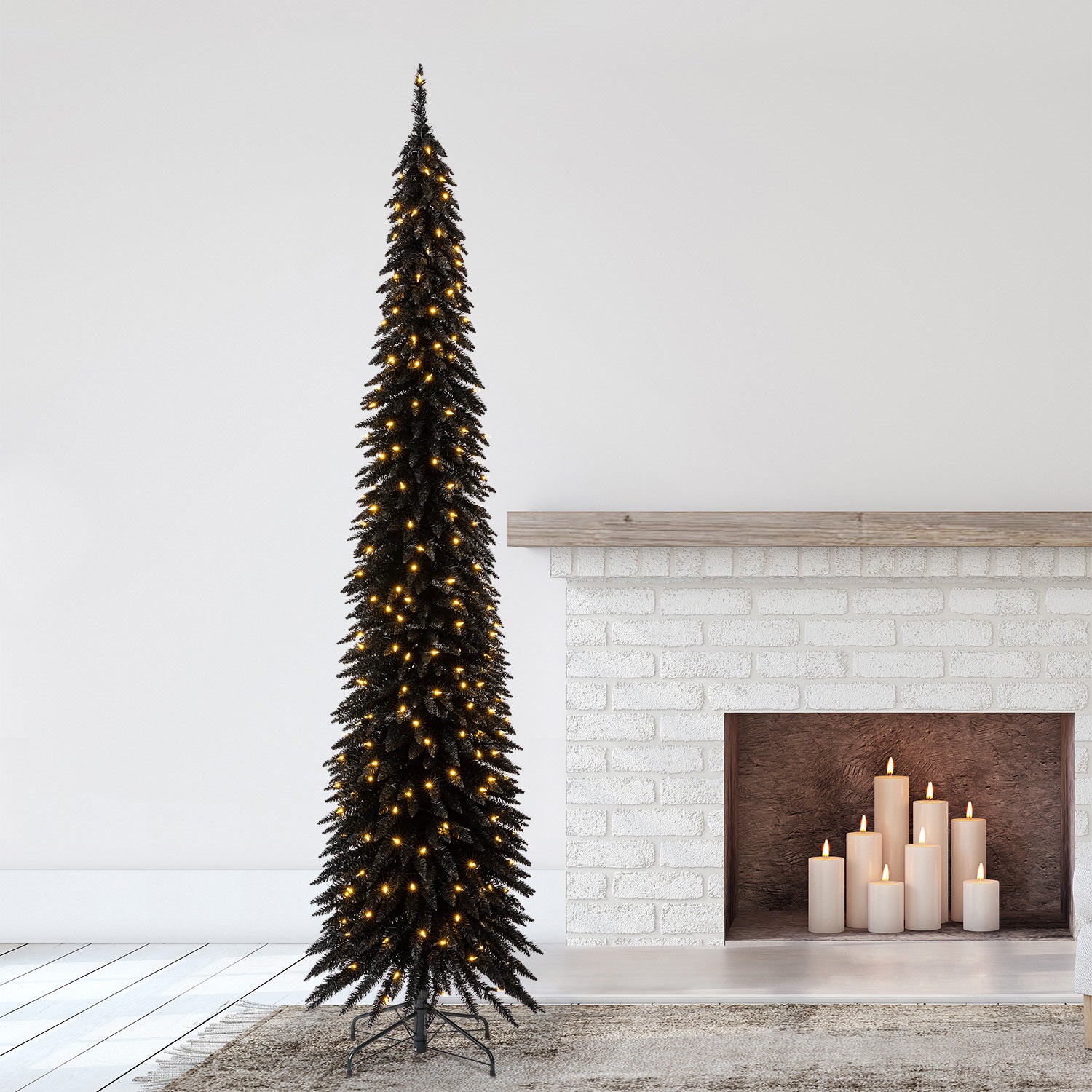 Evergreen Classics 9 Ft Black Pencil Pine Christmas Tree, LED Lights (For Parts)